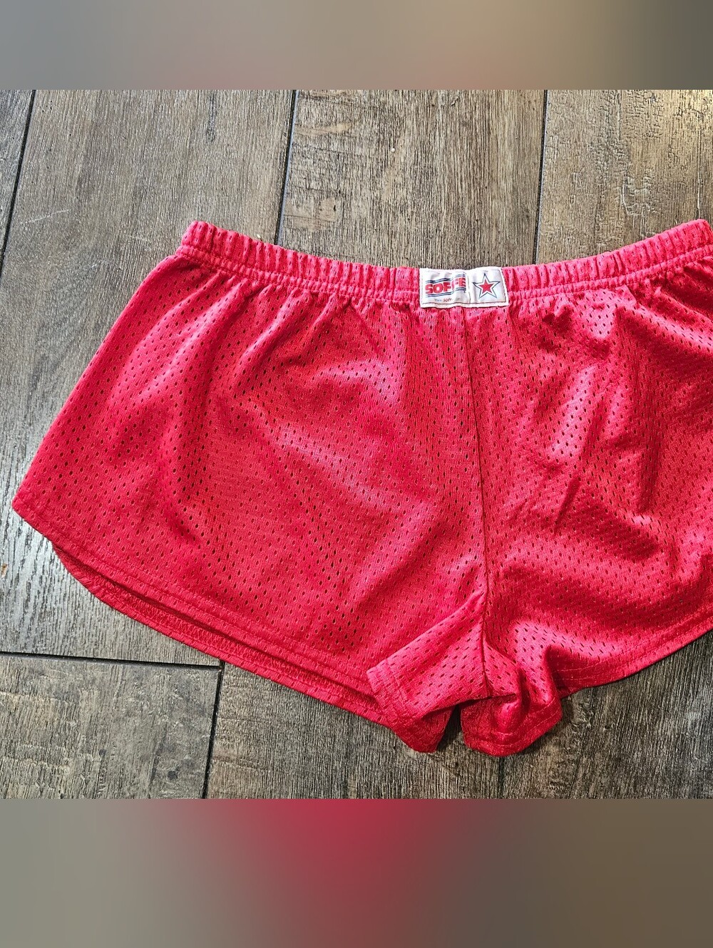 Women's Red Mesh Athletic Shorts with Bucky Badger Wisconsin Graphic - Picture 2 of 9